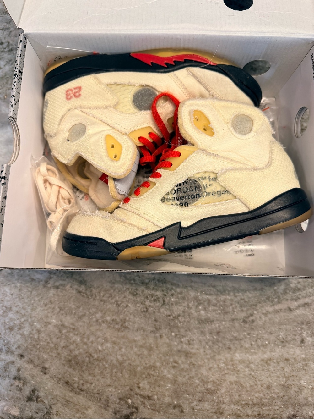 Jordan Kids 2Y off white 5 “sail” Cream and Red High-Top Sneakers